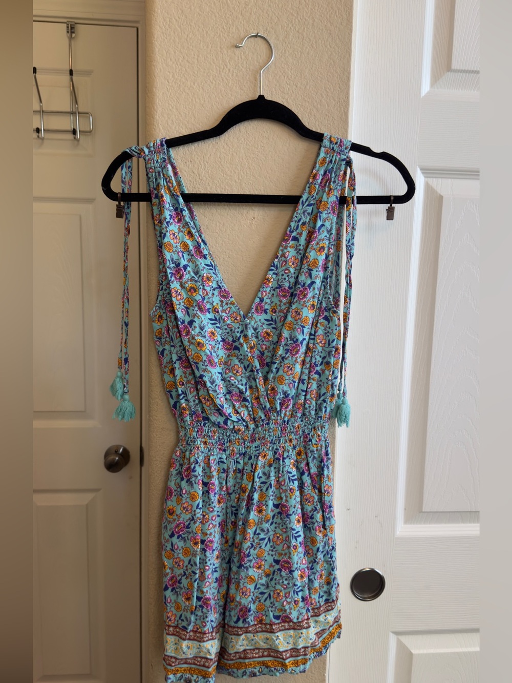 BeBop Floral Blue Smocked Waist One-Piece Romper shorts